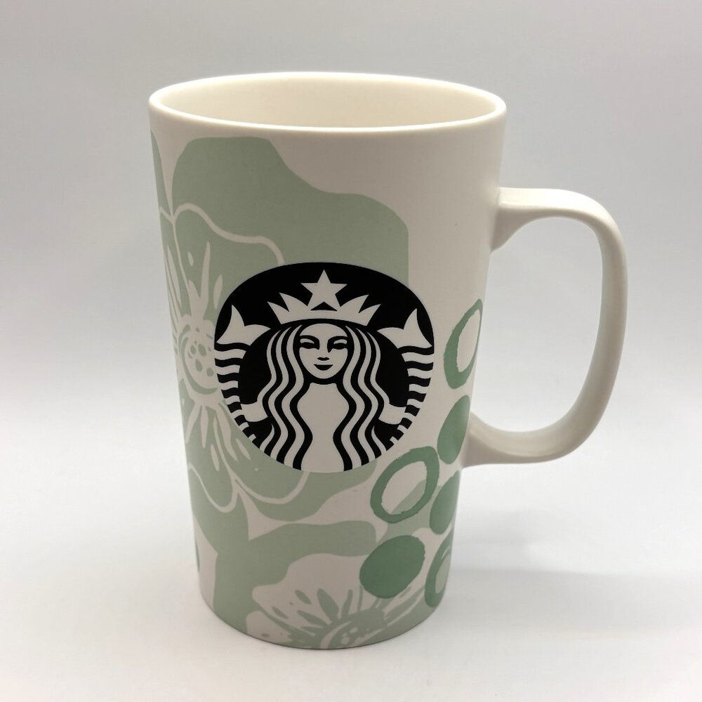 Starbucks 2015 Black Mermaid Logo Mint Green Flowers Tall 16oz Coffee Mug Cup